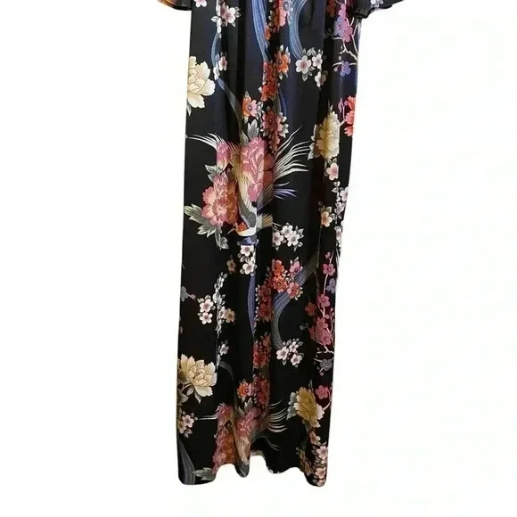 VGT HOMEWEAR By Sears Women's Dress Maxi Flutter Sleeves Black-Red Floral Print - Picture 3 of 12